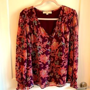 Loft XL Maroon Flowers Long Sleeve Blouse